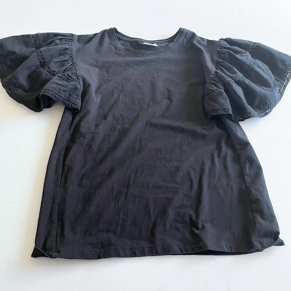 Zara girls black tshirt with poplin embroiderd sleeve  size 13/14